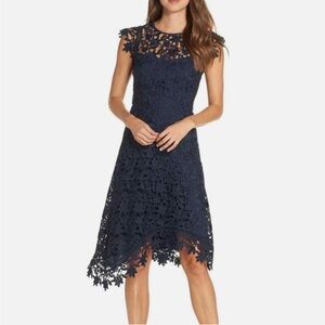 Eliza J Navy Blue Lace Asymmetric Cocktail Dress